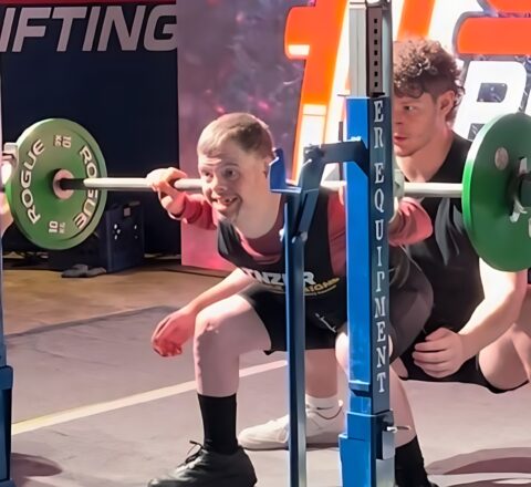 Gabriel Homes resident powerlifting at tournament.
