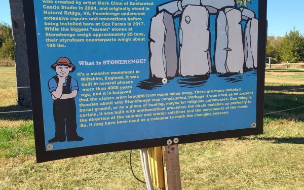 Description of Foamhenge, a recreation of Stonehenge, at Cox Farms.