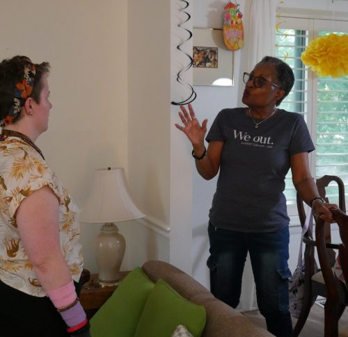 Gabriel Homes resident (left) with Marlene Stevens, residential counselor.